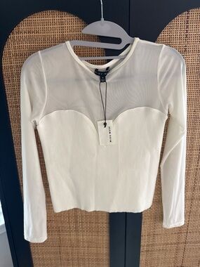 Cream Long-Sleeve Mesh Yoke Ribbed Top